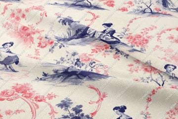 Toile de Jouy, Vintage Kadınlar, Güller Arasında Kadın Silüetleri Çok Amaçlı Dekoratif Dijital Baskılı Kumaş