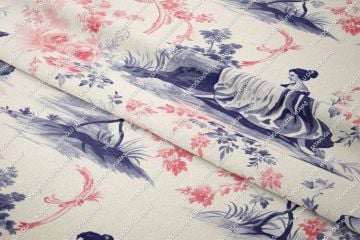 Toile de Jouy, Vintage Kadınlar, Güller Arasında Kadın Silüetleri Çok Amaçlı Dekoratif Dijital Baskılı Kumaş