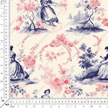 Toile de Jouy, Vintage Kadınlar, Güller Arasında Kadın Silüetleri Çok Amaçlı Dekoratif Dijital Baskılı Kumaş