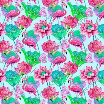 Tropikal Serisi-Mavi Zemin Üzerine Pembe Çiçekli Flamingo Dijital Baskılı Kumaş(SONBAHAR İNDİRİMİ)