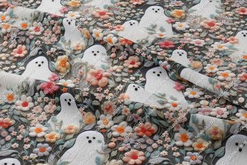 Happy Halloween 3D Çiçekler Arasında Çarşaflı Hayalet Desenli Tasarım Dijital Baskılı Kumaş