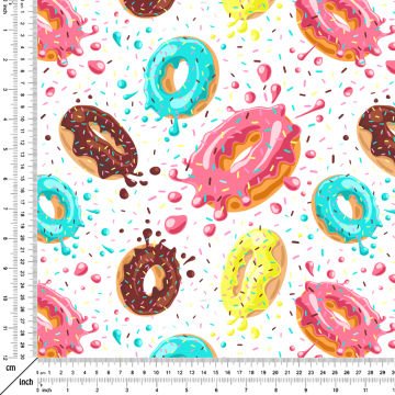 Beyaz Zemine Renkli Donut Desenli Kumaş