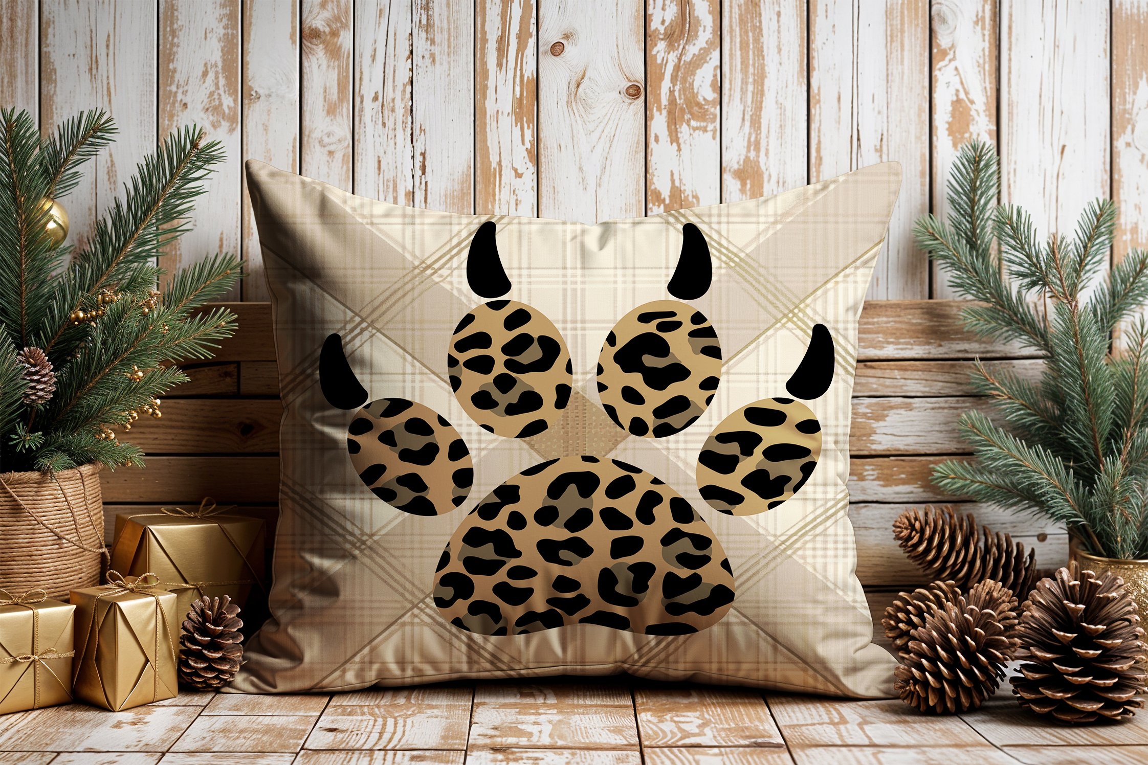 Yılbaşı Koleksiyonu- 45x45 cm Dikilmemiş 2’li Kırlent Paneli – Krem Ekose Zemin Leopar Pençe