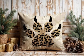 Yılbaşı Koleksiyonu- 45x45 cm Dikilmemiş 2’li Kırlent Paneli – Krem Ekose Zemin Leopar Pençe