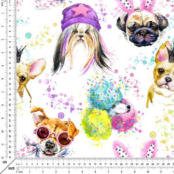 Beyaz Zemin Üzerine Suluboya Sevimli Köpek Desenli Kumaş