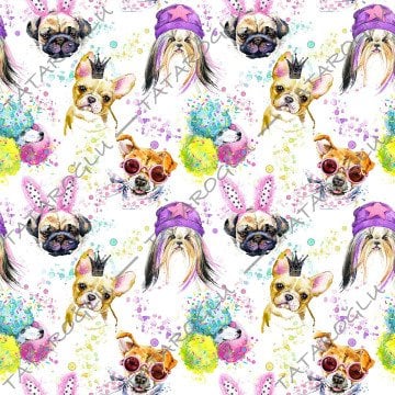 Watercolor Cute Dog Patterned Fabric on White Background