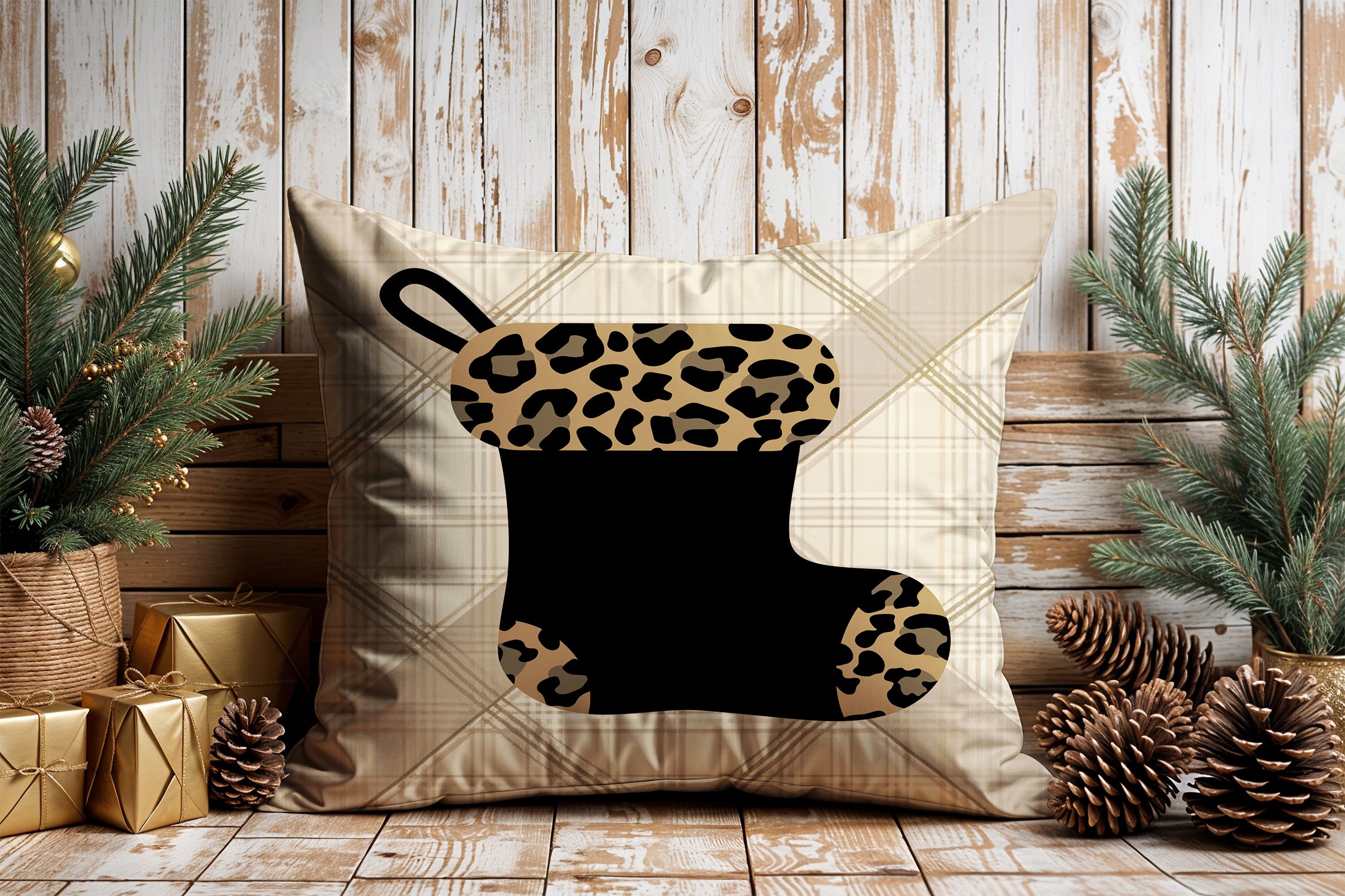 Yılbaşı Koleksiyonu- 45x45 cm Dikilmemiş 2’li Kırlent Paneli – Krem Ekose Zemin Leopar Yılbaşı Çorabı