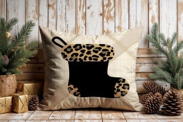 Yılbaşı Koleksiyonu- 45x45 cm Dikilmemiş 2’li Kırlent Paneli – Krem Ekose Zemin Leopar Yılbaşı Çorabı