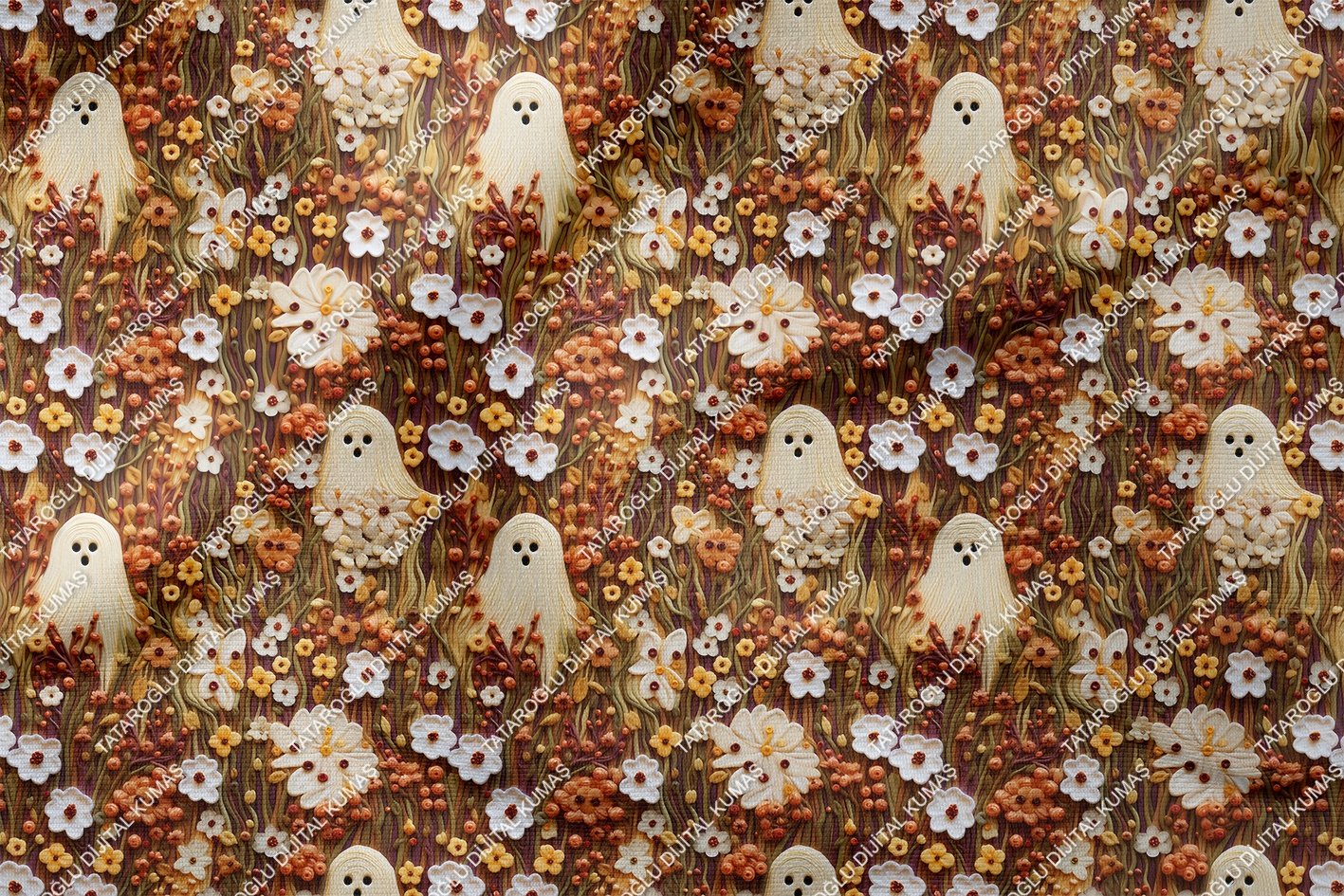 Happy Halloween 3D Kahverengi Çiçekler Arasında Çarşaflı Hayalet Desenli Tasarım Dijital Baskılı Kumaş