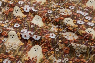 Happy Halloween 3D Kahverengi Çiçekler Arasında Çarşaflı Hayalet Desenli Tasarım Dijital Baskılı Kumaş