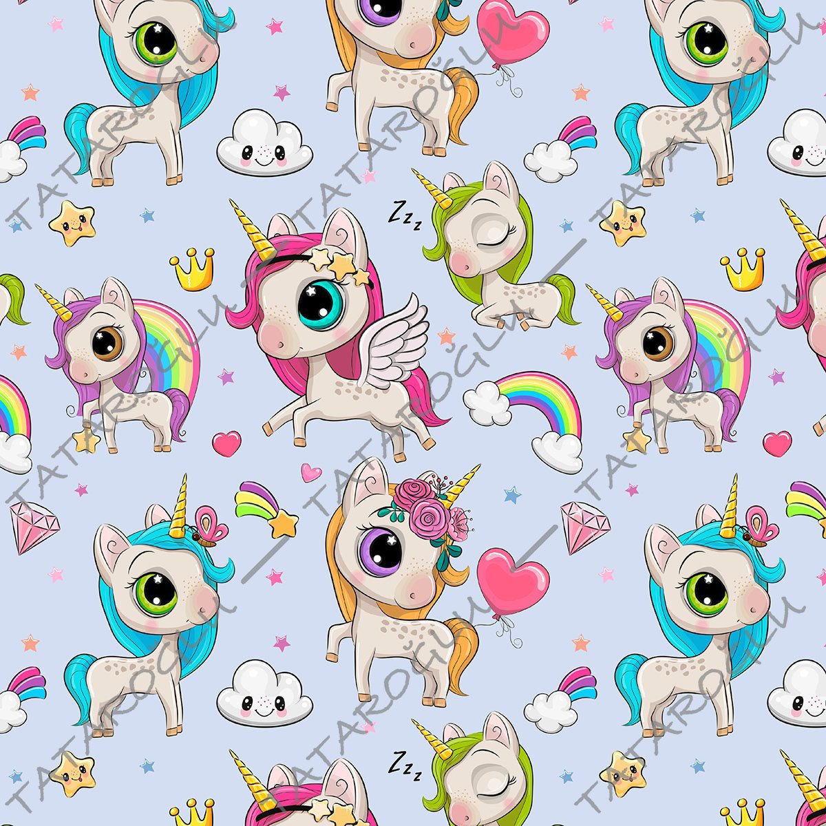 Uçan Unicorn Desenli Dijital Baskılı Kumaş