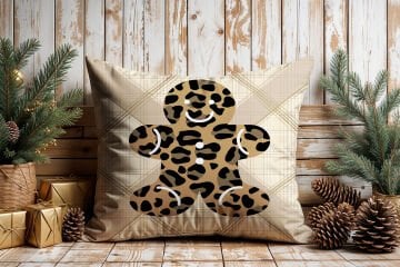 Yılbaşı Koleksiyonu- 45x45 cm Dikilmemiş 2’li Kırlent Paneli – Krem Ekose Zemin Leopar Zencefilli Kurabiye