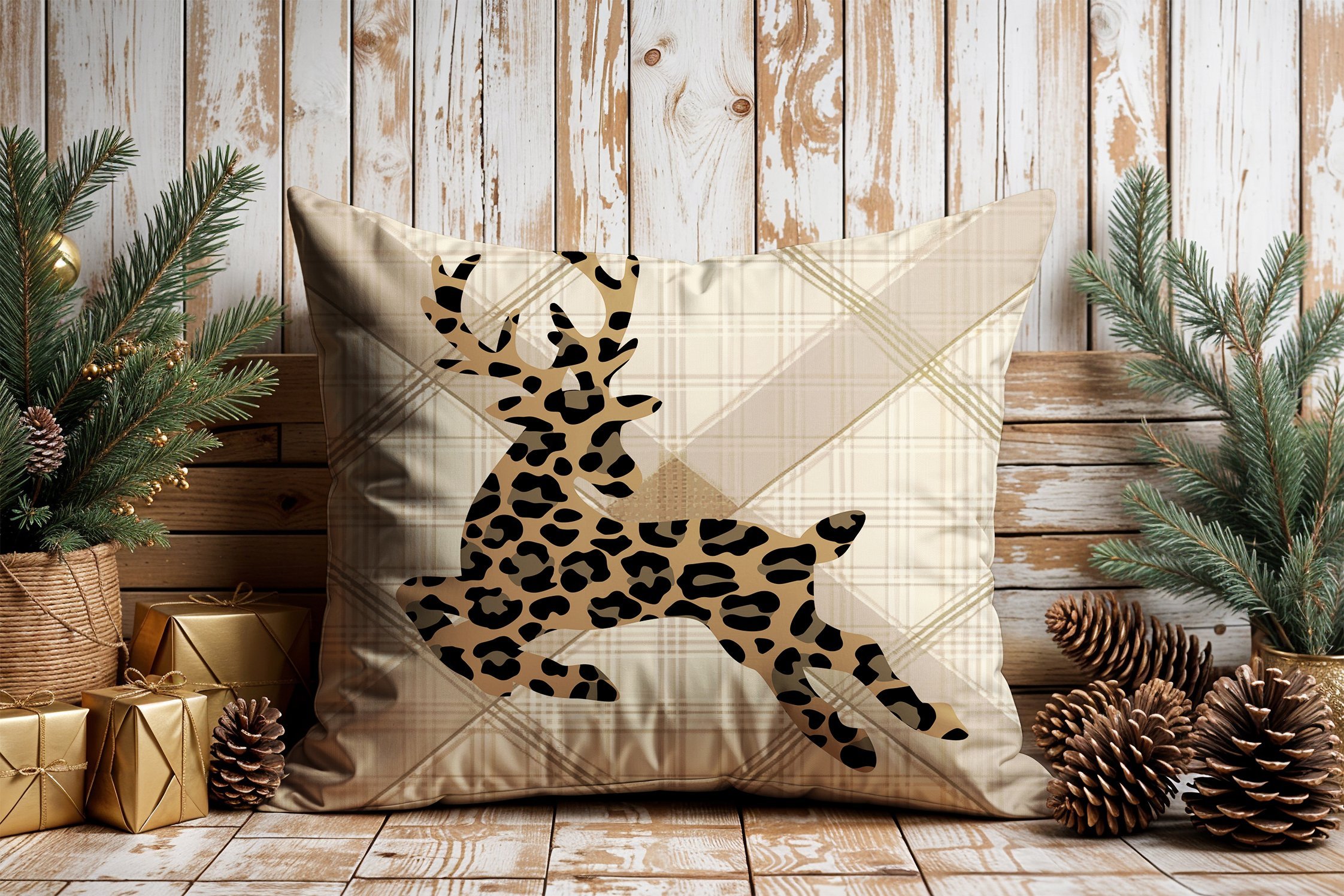 Yılbaşı Koleksiyonu- 45x45 cm Dikilmemiş 2’li Kırlent Paneli – Krem Ekose Zemin Leopar Geyik