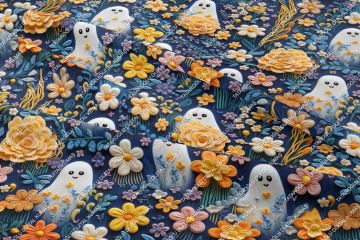 Happy Halloween 3D Sarı Çiçekler Arasında Çarşaflı Hayalet Desenli Tasarım Dijital Baskılı Kumaş