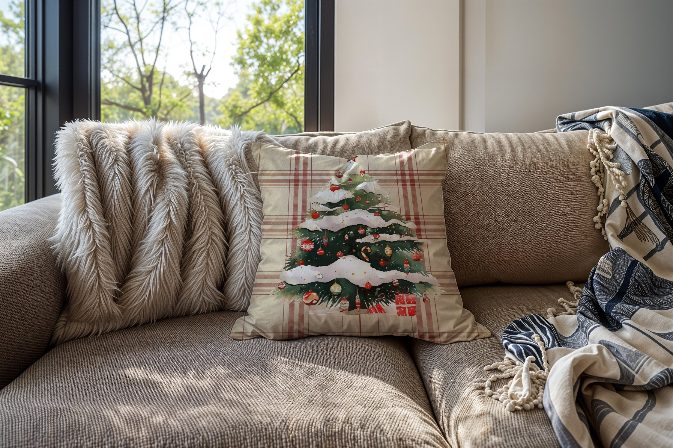 Yılbaşı Koleksiyonu- 45x45 cm Dikilmemiş 2’li Kırlent Paneli – Krem Ekose Zemin Çam Ağacı