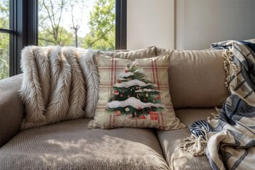 Yılbaşı Koleksiyonu- 45x45 cm Dikilmemiş 2’li Kırlent Paneli – Krem Ekose Zemin Çam Ağacı