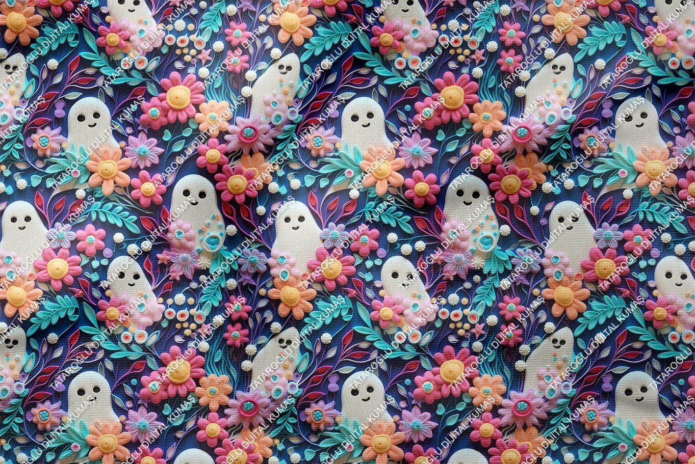 Happy Halloween 3D Renkli Çiçekler Arasında Çarşaflı Hayalet Desenli Tasarım Dijital Baskılı Kumaş