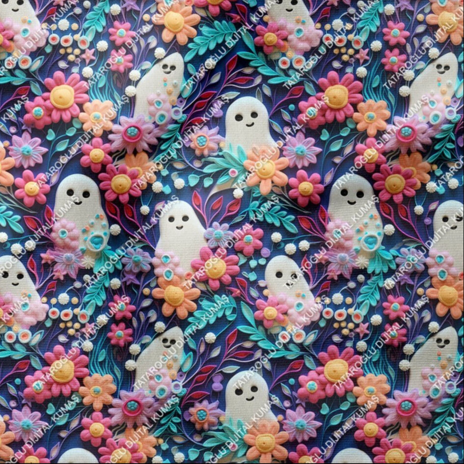 Happy Halloween 3D Renkli Çiçekler Arasında Çarşaflı Hayalet Desenli Tasarım Dijital Baskılı Kumaş