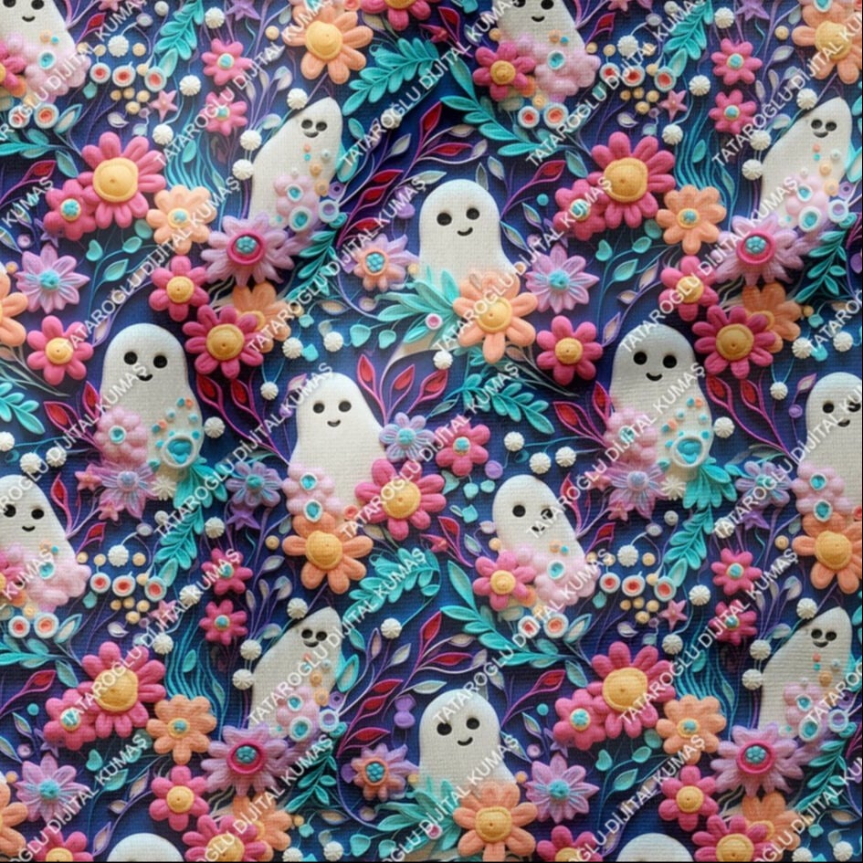 Happy Halloween 3D Renkli Çiçekler Arasında Çarşaflı Hayalet Desenli Tasarım Dijital Baskılı Kumaş