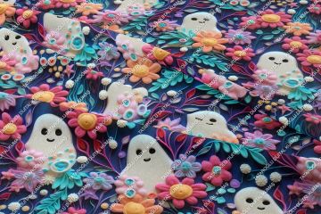 Happy Halloween 3D Renkli Çiçekler Arasında Çarşaflı Hayalet Desenli Tasarım Dijital Baskılı Kumaş
