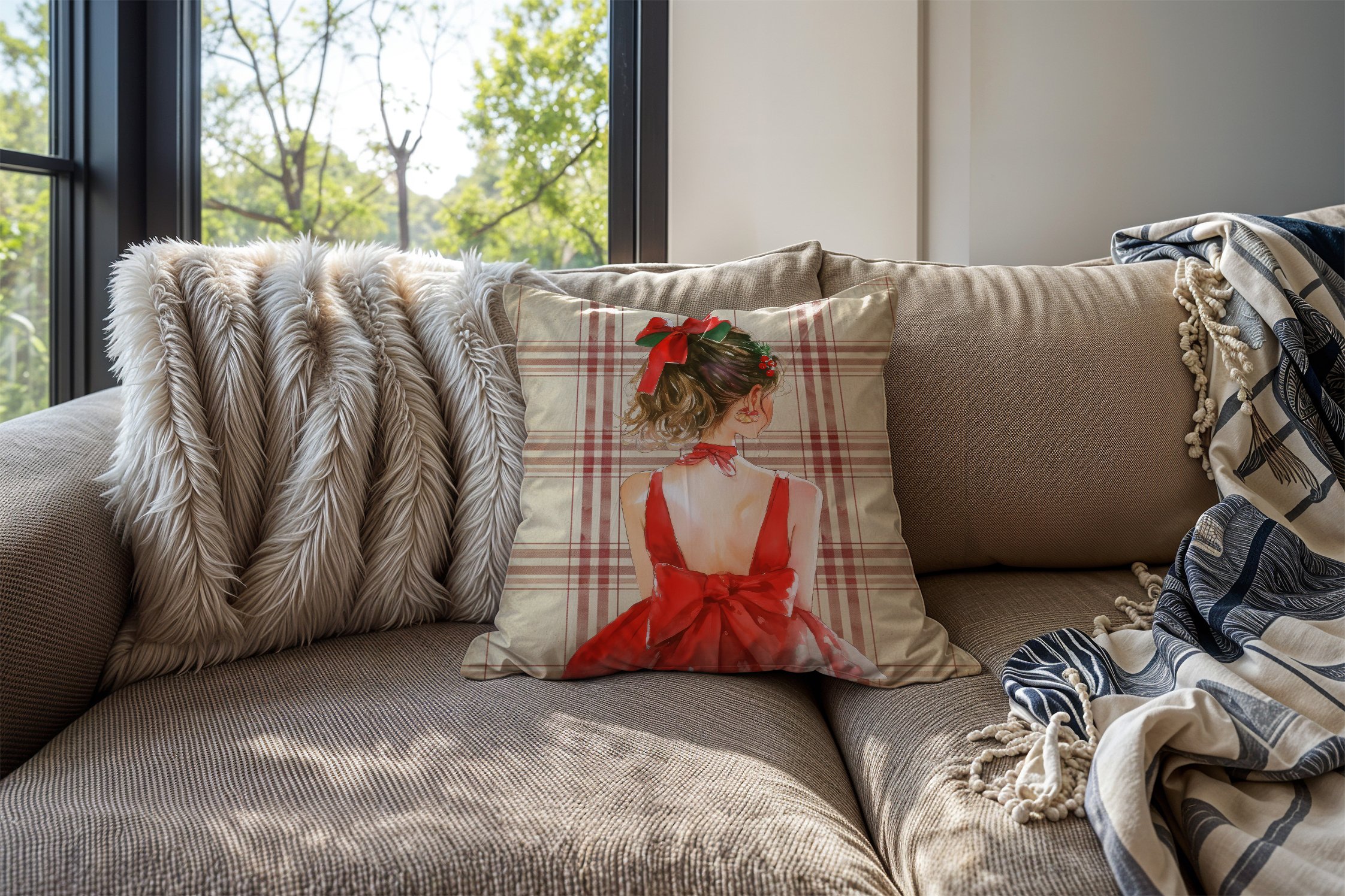 Yılbaşı Koleksiyonu- 45x45 cm Dikilmemiş 2’li Kırlent Paneli – Krem Ekose Zemin Kırmızı Kurdeleli Kız