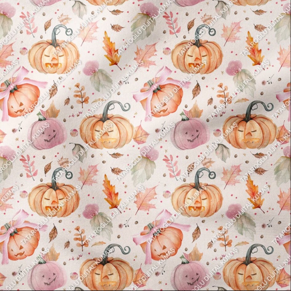 Happy Halloween Renkli Sonbahar Yaprakları Arasında Bal Kabağı Desenli Tasarım Dijital Baskılı Kumaş