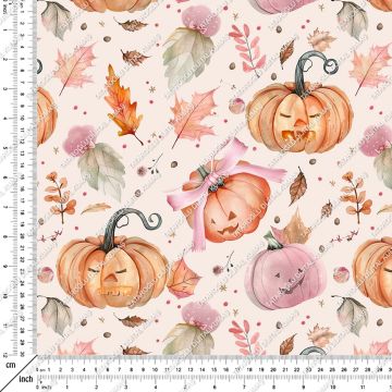 Happy Halloween Renkli Sonbahar Yaprakları Arasında Bal Kabağı Desenli Tasarım Dijital Baskılı Kumaş