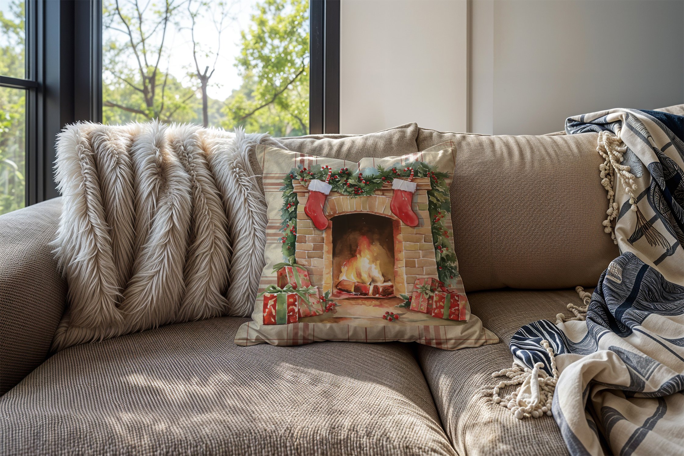 Yılbaşı Koleksiyonu- 45x45 cm Dikilmemiş 2’li Kırlent Paneli – Krem Ekose Zemin Yılbaşı Süsleri Çorapları Şömine