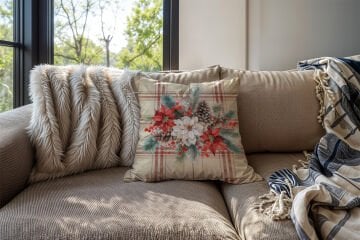 Yılbaşı Koleksiyonu- 45x45 cm Dikilmemiş 2’li Kırlent Paneli – Krem Ekose Zemin Kokina Çiçek Demeti