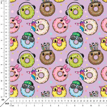 Pembe Zeminli Sevimli Donut Desenli Dijital Baskılı Kumaş