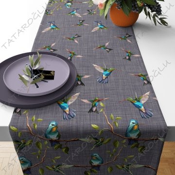 Fabric with Birds Pattern on Light Purple Linen Effect Background