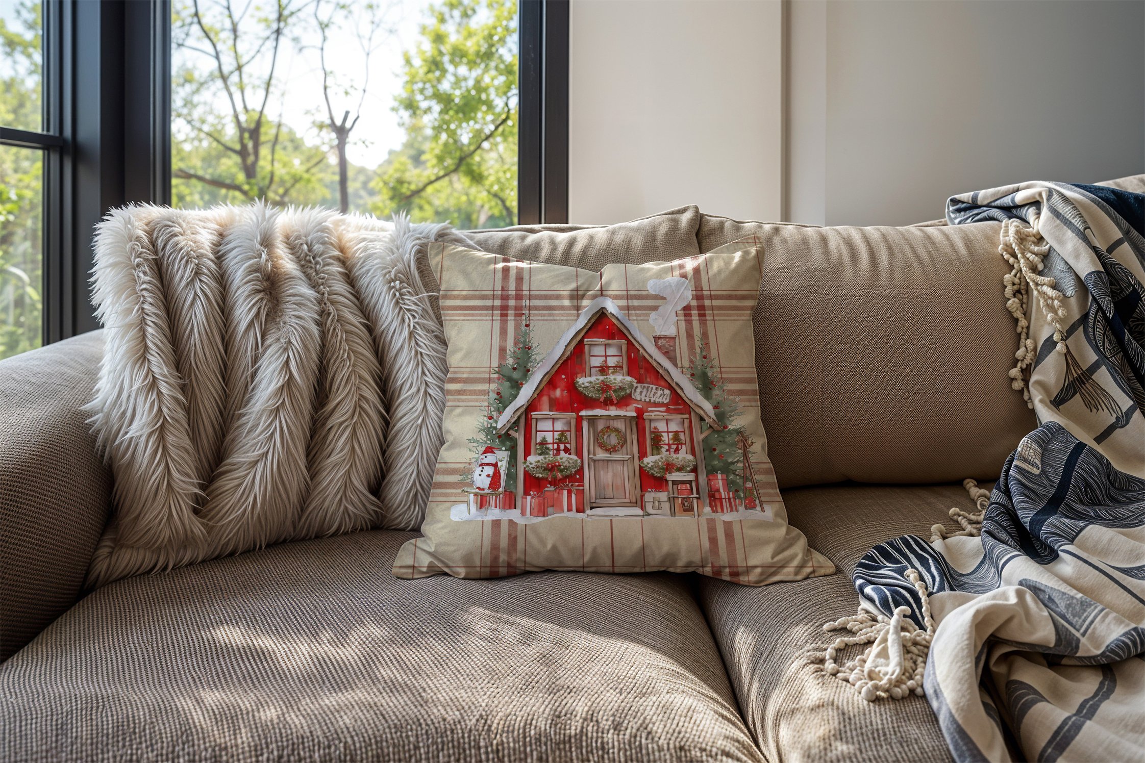 Yılbaşı Koleksiyonu- 45x45 cm Dikilmemiş 2’li Kırlent Paneli – Krem Ekose Zemin Christmas House