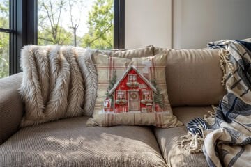 Yılbaşı Koleksiyonu- 45x45 cm Dikilmemiş 2’li Kırlent Paneli – Krem Ekose Zemin Christmas House