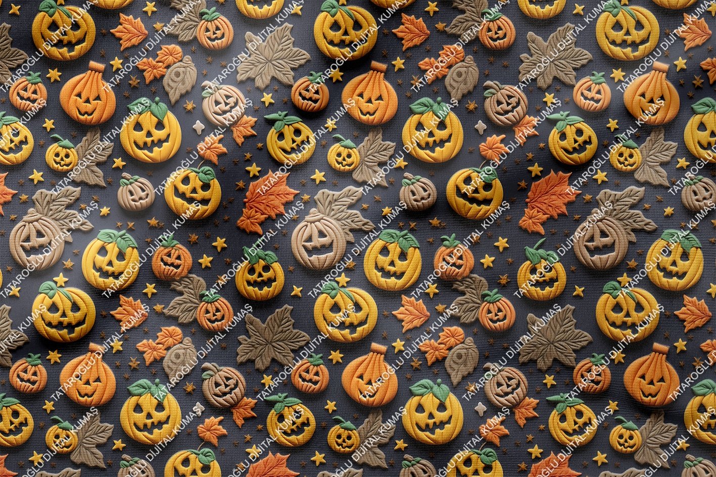 Happy Halloween 3D Kahve Turuncu Bal Kabağı Desenli Tasarım Dijital Baskılı Kumaş