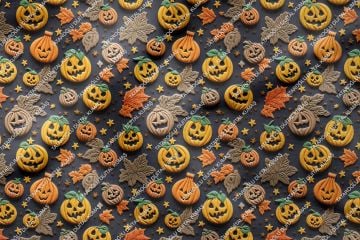 Happy Halloween 3D Kahve Turuncu Bal Kabağı Desenli Tasarım Dijital Baskılı Kumaş