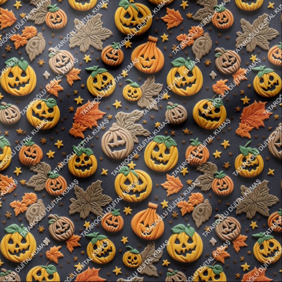 Happy Halloween 3D Kahve Turuncu Bal Kabağı Desenli Tasarım Dijital Baskılı Kumaş