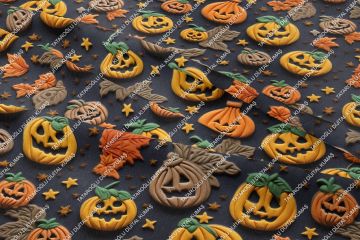 Happy Halloween 3D Kahve Turuncu Bal Kabağı Desenli Tasarım Dijital Baskılı Kumaş