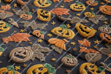 Happy Halloween 3D Kahve Turuncu Bal Kabağı Desenli Tasarım Dijital Baskılı Kumaş