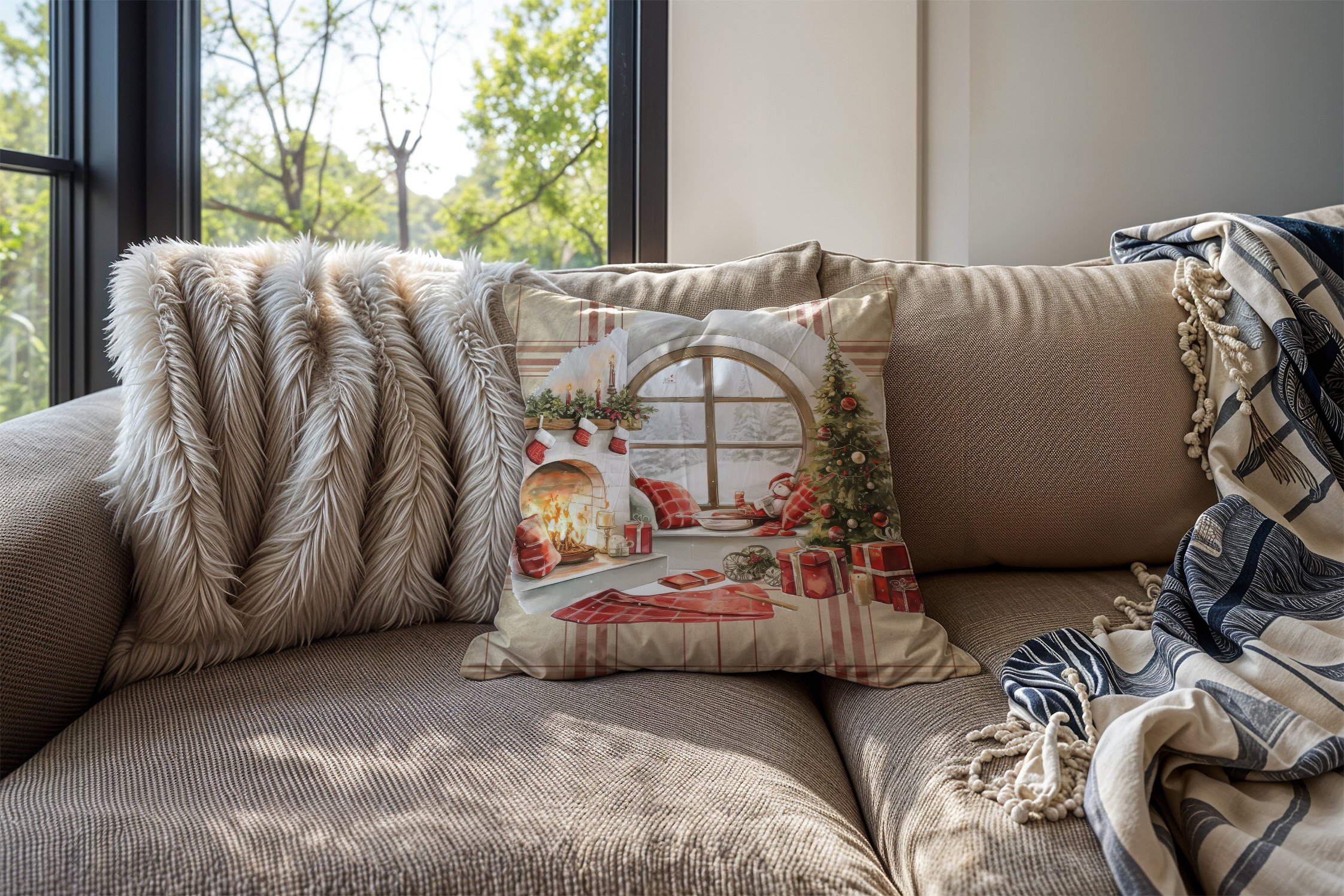 Yılbaşı Koleksiyonu- 45x45 cm Dikilmemiş 2’li Kırlent Paneli – Krem Ekose Zemin Dağ Evi Yılbaşı