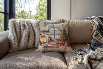 Yılbaşı Koleksiyonu- 45x45 cm Dikilmemiş 2’li Kırlent Paneli – Krem Ekose Zemin Dağ Evi Yılbaşı