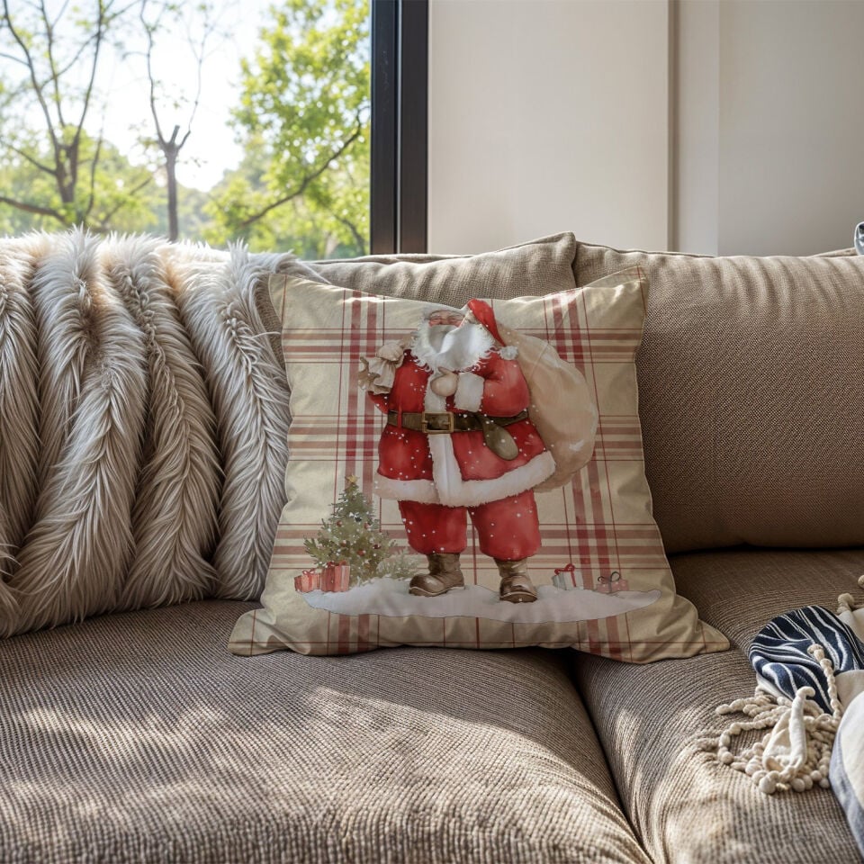 Yılbaşı Koleksiyonu- 45x45 cm Dikilmemiş 2’li Kırlent Paneli – Krem Ekose Zemin Noel Baba
