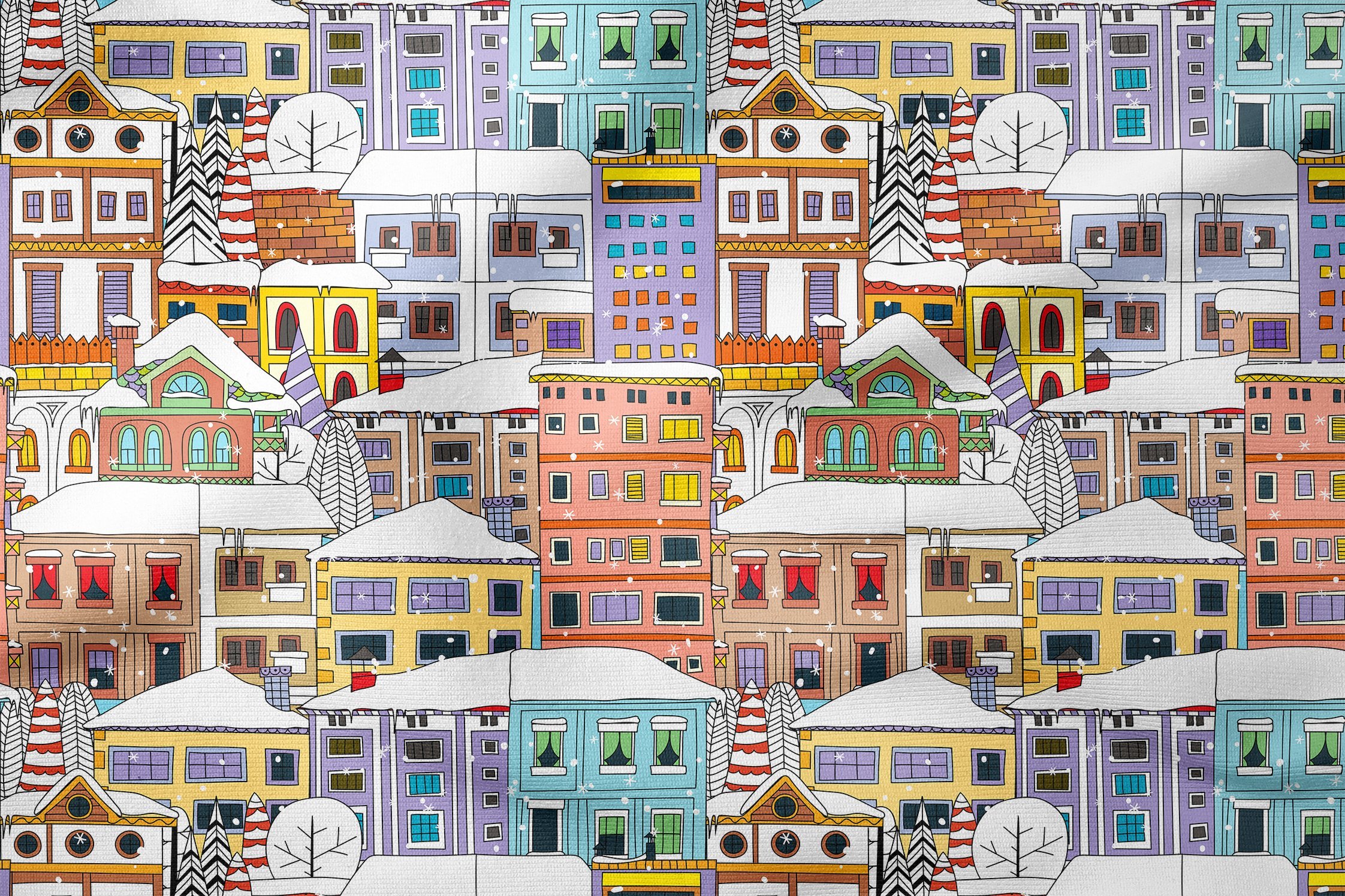 Yılbaşı Koleksiyonu- Pop Art Kumaş Renkli Karlar İçinde Evler
