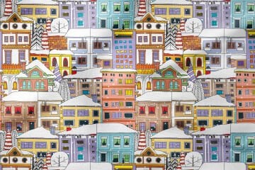 Yılbaşı Koleksiyonu- Pop Art Kumaş Renkli Karlar İçinde Evler