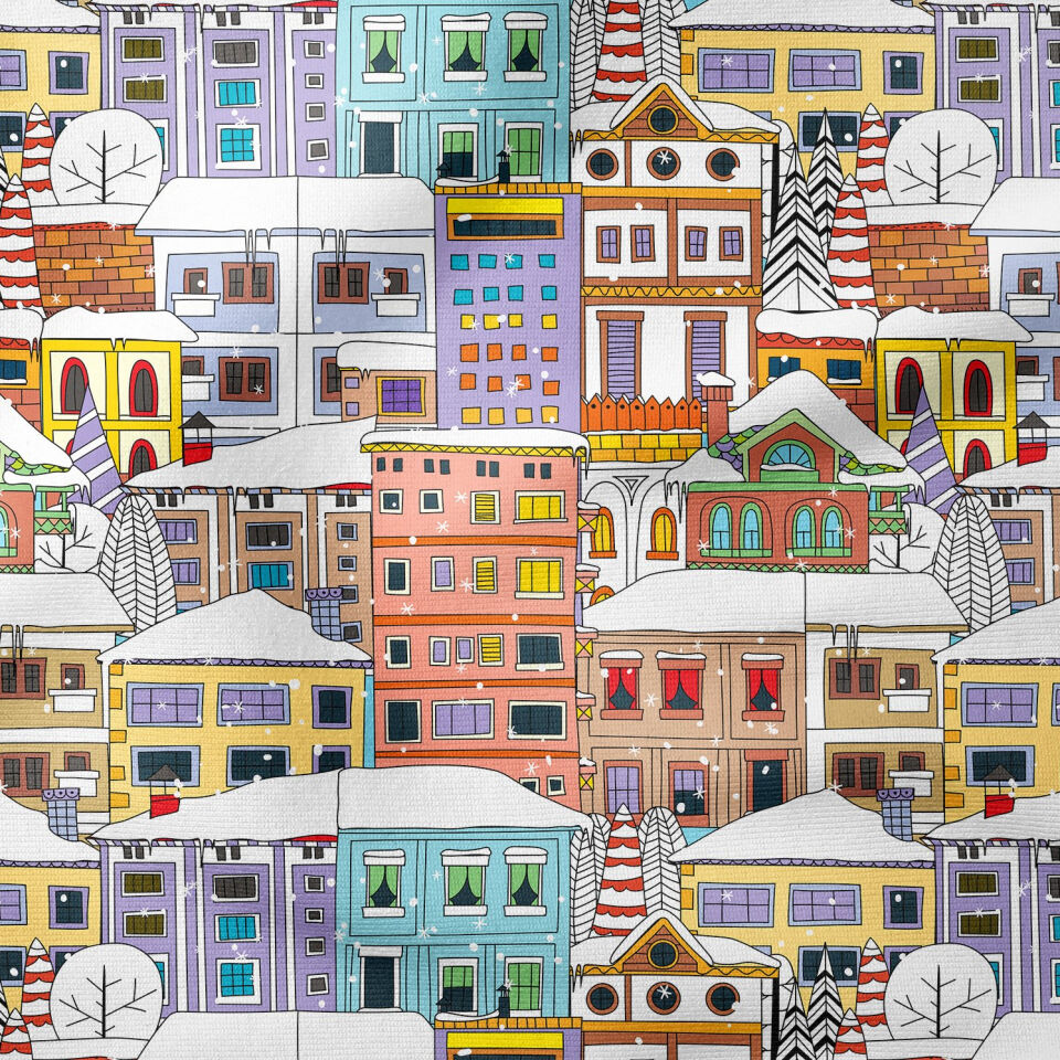 Yılbaşı Koleksiyonu- Pop Art Kumaş Renkli Karlar İçinde Evler