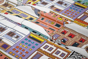 Yılbaşı Koleksiyonu- Pop Art Kumaş Renkli Karlar İçinde Evler