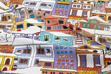 Yılbaşı Koleksiyonu- Pop Art Kumaş Renkli Karlar İçinde Evler