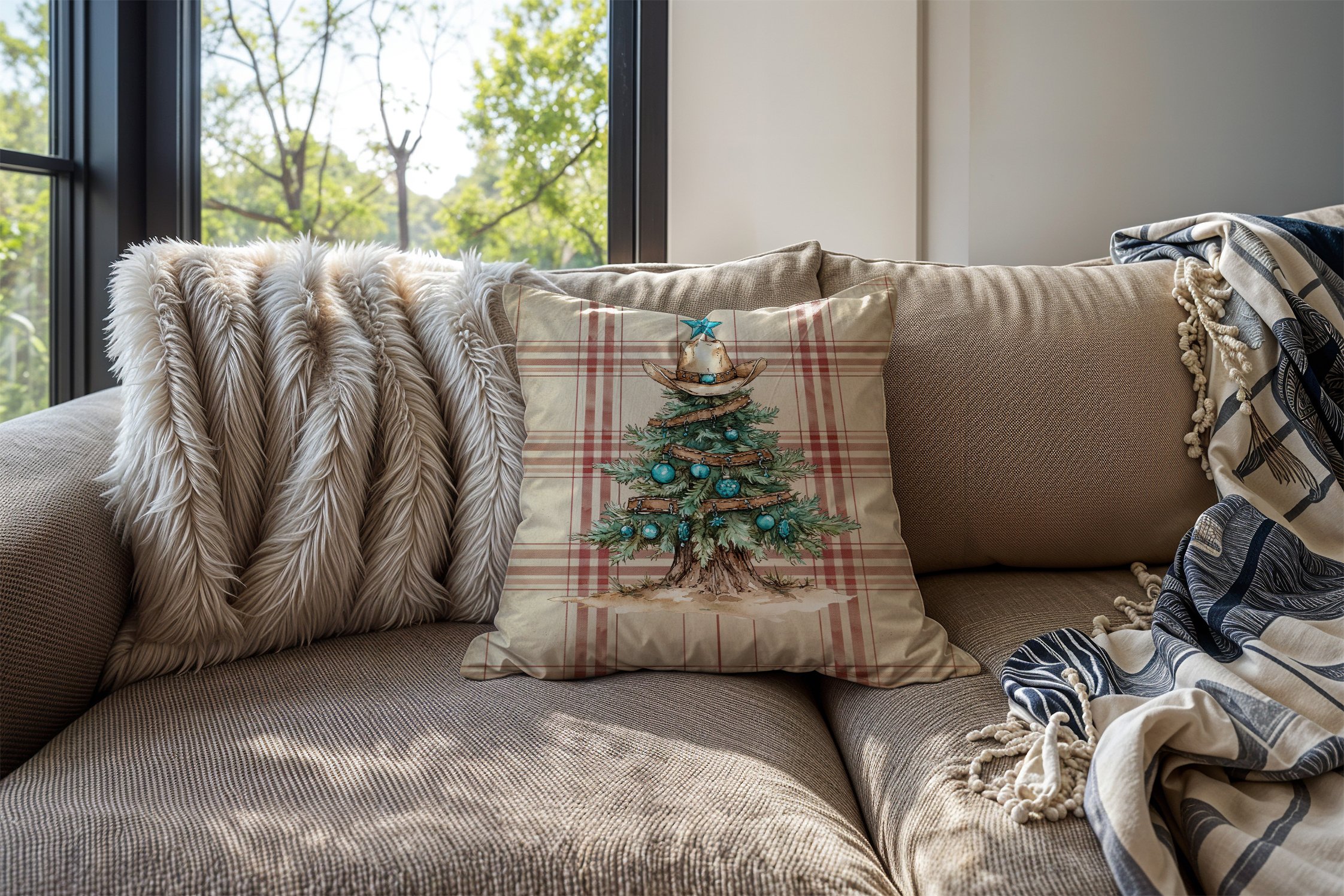 Yılbaşı Koleksiyonu- 45x45 cm Dikilmemiş 2’li Kırlent Paneli – Krem Ekose Zemin Western Çam Ağacı