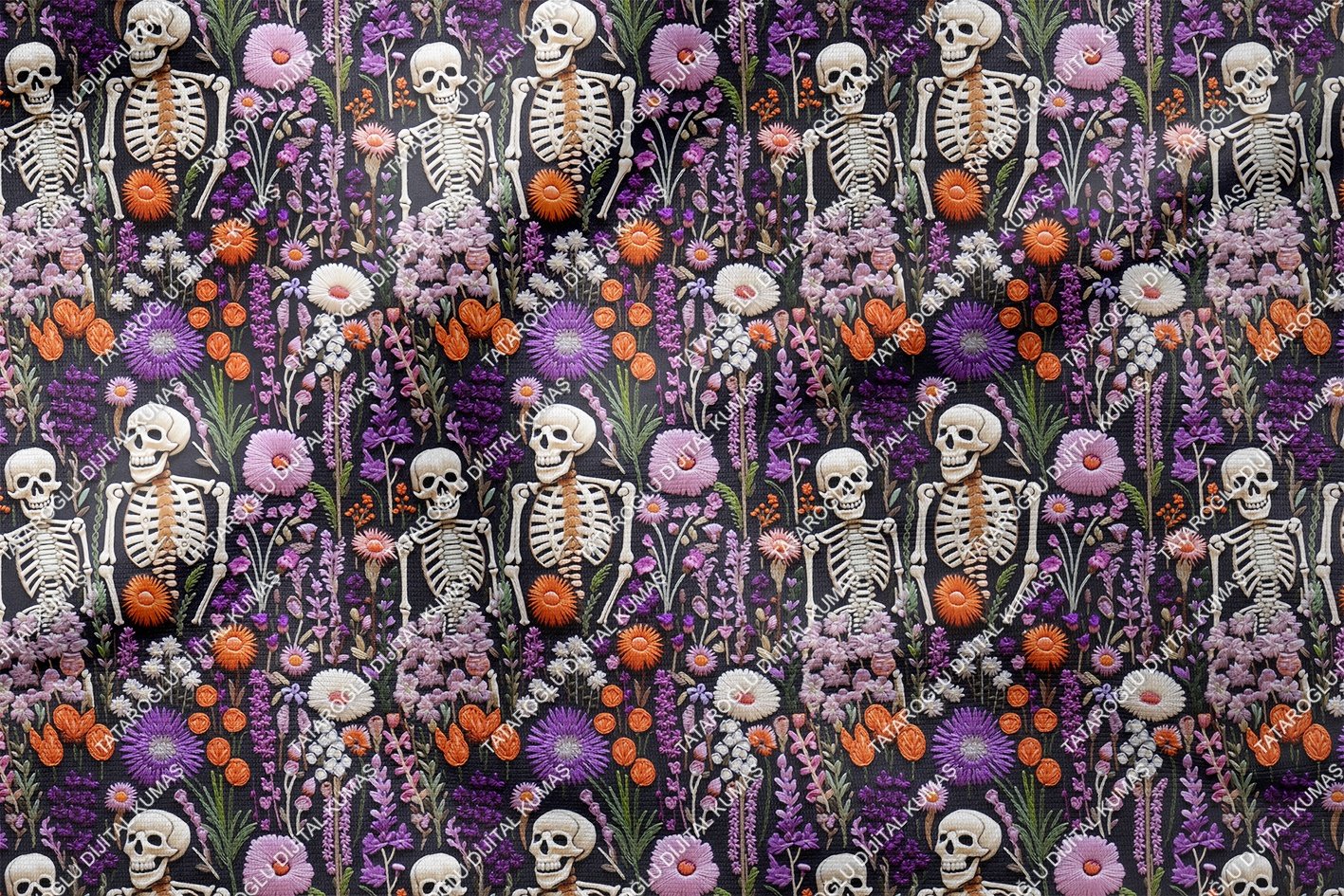 Happy Halloween 3D Çiçekler Arasında Kurukafa İskeletli Desenli Tasarım Dijital Baskılı Kumaş