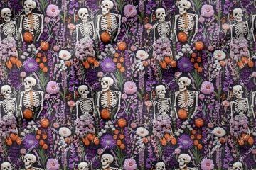Happy Halloween 3D Çiçekler Arasında Kurukafa İskeletli Desenli Tasarım Dijital Baskılı Kumaş