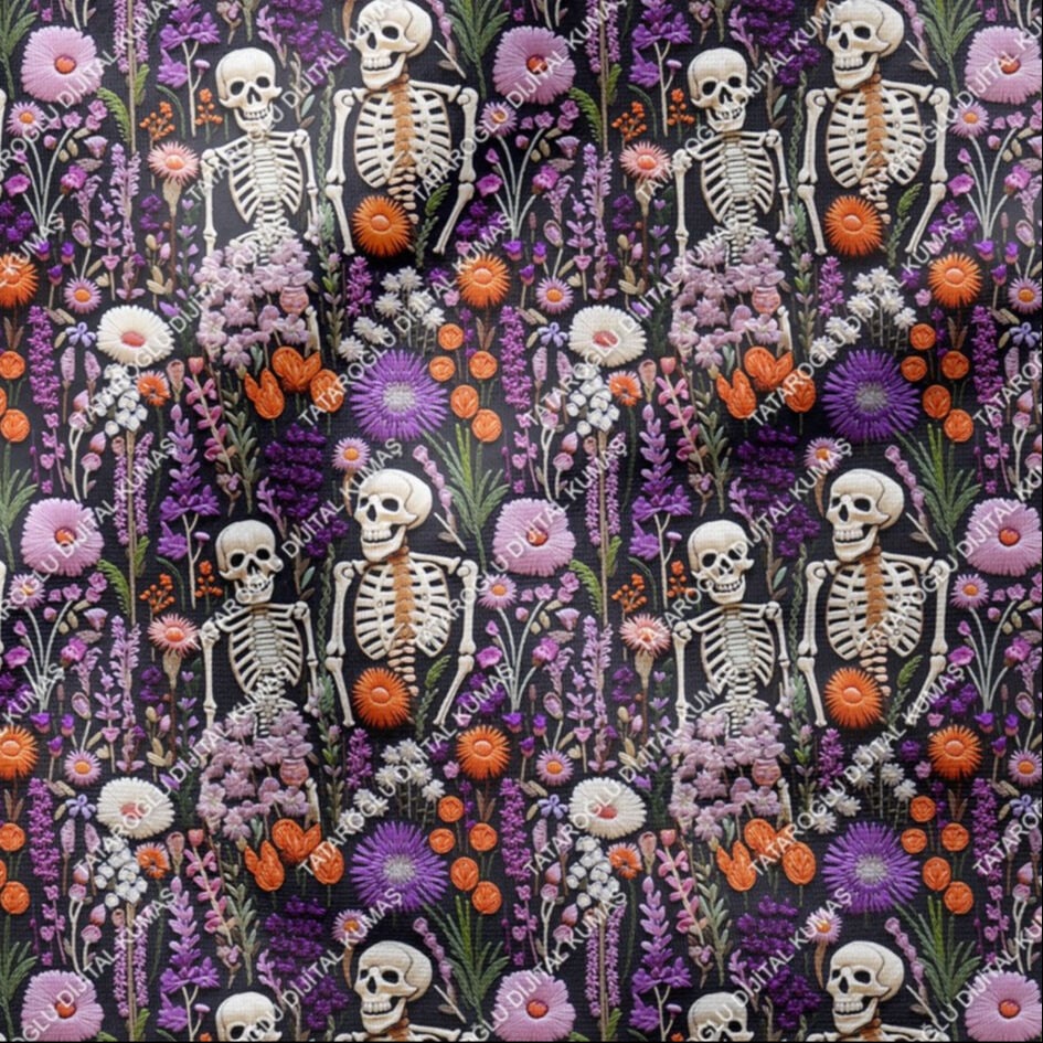 Happy Halloween 3D Çiçekler Arasında Kurukafa İskeletli Desenli Tasarım Dijital Baskılı Kumaş